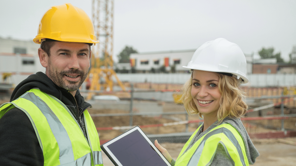 Zwei Bauleiter*innen mit Schutzhelmen und Warnwesten auf einer Baustelle. Sie lächeln in die Kamera, eine Person hält ein Tablet in der Hand.