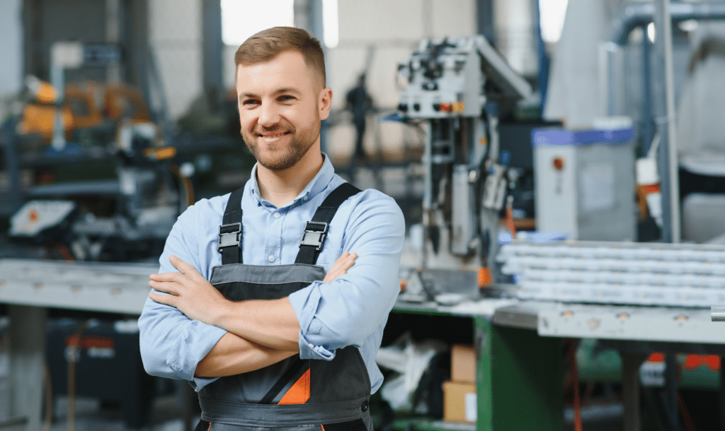 Ein junger Mann mit Bart trägt ein hellblaues Hemd und eine graue Latzhose mit schwarzen Trägern. Er steht mit verschränkten Armen vor Maschinen und Arbeitsplätzen in einer hellen, industriellen Werkstatt. Der Hintergrund zeigt verschiedene Arbeitsgeräte, Tische und Materialstapel. Der Mann wirkt zufrieden und selbstbewusst.