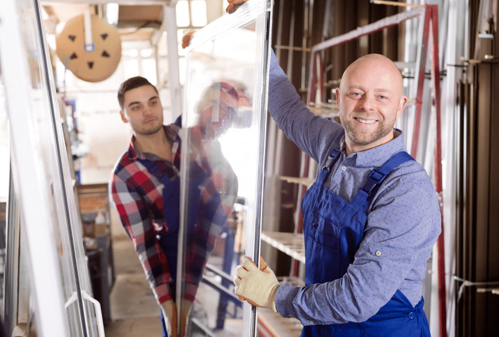 Zwei Männer tragen gemeinsam ein großes Fenster mit Glasrahmen in einer Werkstatt. Beide tragen blaue Arbeitslatzhosen und Schutzhandschuhe. Der Mann im Vordergrund ist glatzköpfig, lächelt freundlich in die Kamera und trägt ein hellblaues Hemd. Der Mann im Hintergrund hat dunkle Haare und trägt ein kariertes Hemd. Im Hintergrund sind Regale mit weiteren Fensterrahmen und Werkzeuge sichtbar. Die Umgebung wirkt ordentlich und lichtdurchflutet.