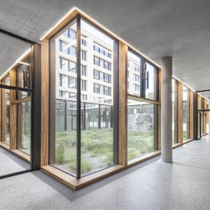 Moderner Innenraum mit großen bodentiefen Fenstern in Holzrahmen, die einen Blick auf einen begrünten Innenhof mit Grasflächen und großen Felsen bieten. Betonwände und -säulen sowie ein heller, polierter Boden ergänzen das minimalistische Design.